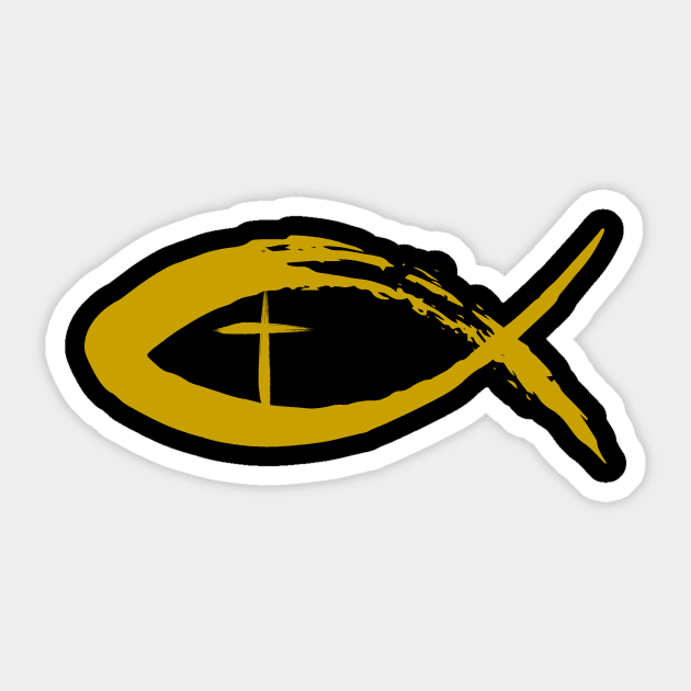 Painted Cross and Fish Christian Design - Gold Sticker by CrossAndCrown